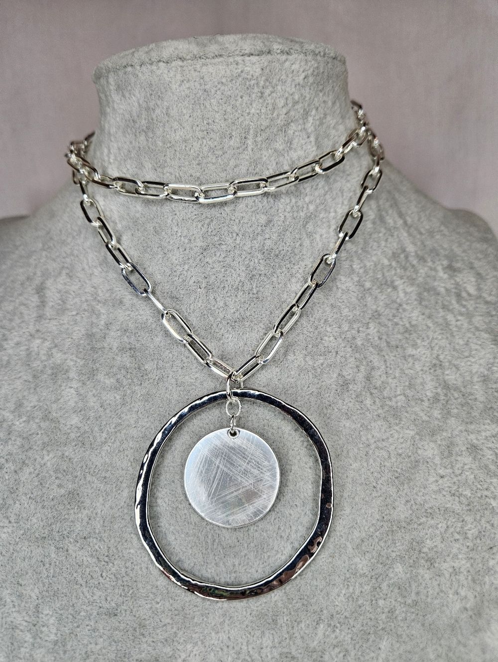 A New Day Silver 24" Long Hammered Hoop & Disc Necklace NWT
